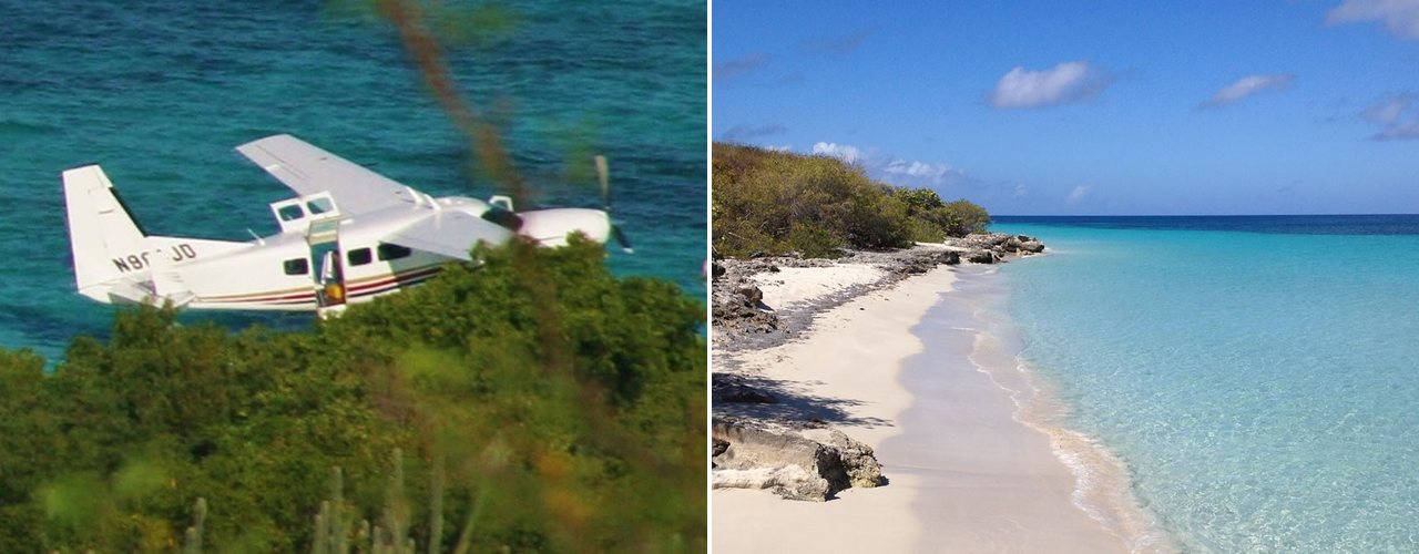 A seaplane flying low over Caja de Muertos and the white sand of Lovers Beach, Puerto Rico